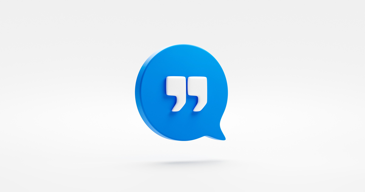 Blue text quote speech 3d icon of comma quotation word